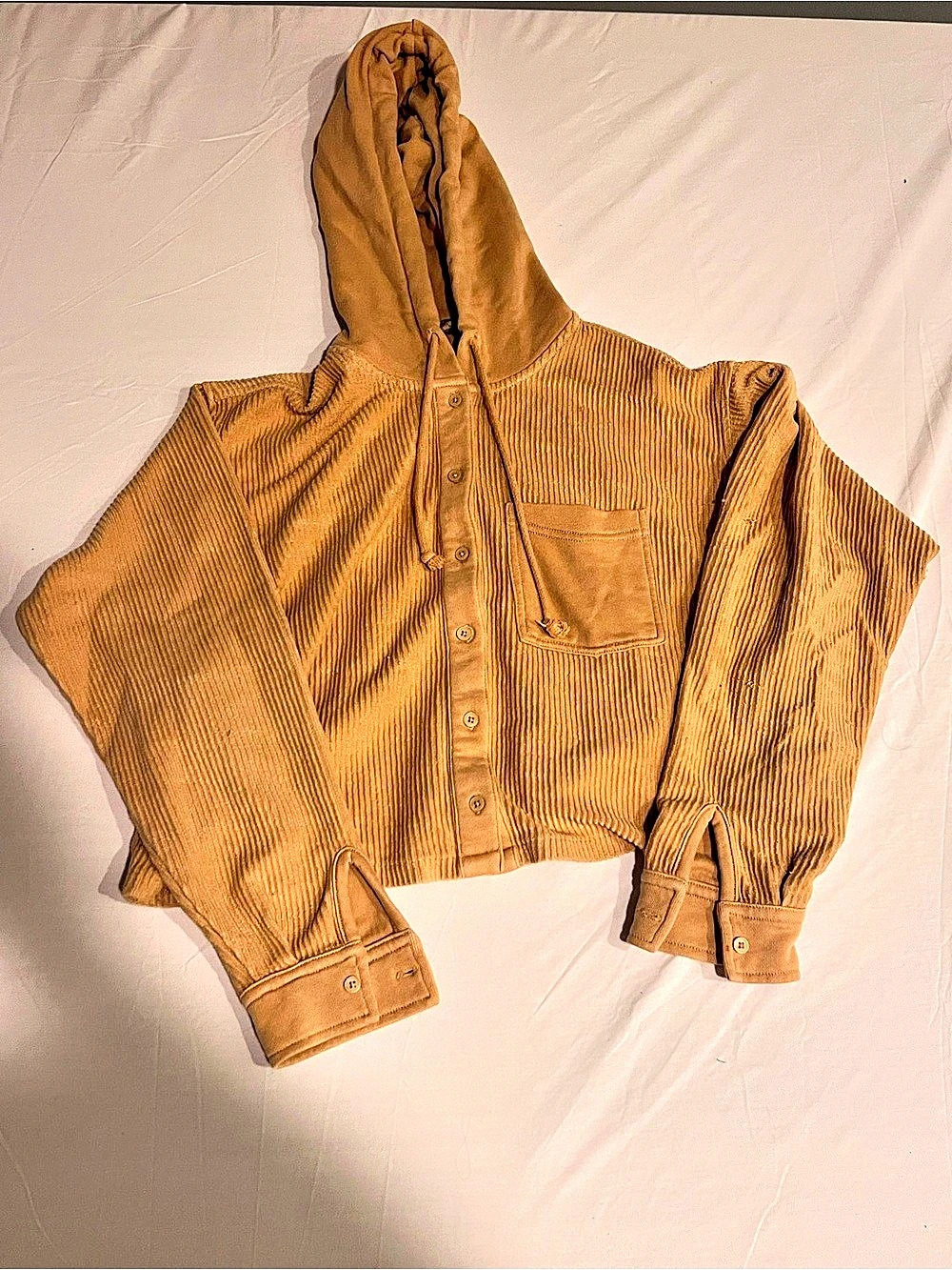 American Eagle Corduroy Button-Up Hoodie Shacket Hooded Ribbed Utility Jacket